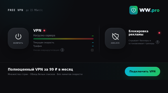 VPN выключен, блокировка рекламы доступна отдельно